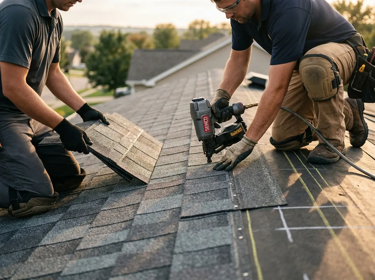 Professional roofer working on a residential roof in Bethalto